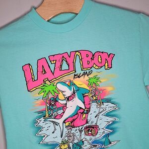 Neff Men T-Shirt Medium Blue Lazy‎ Boy Shark Skeleton Skull Island Logo Graphic